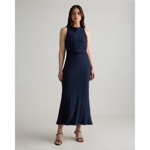 Quince Dress Womens Small High Neck Navy Blue Washable Silk Midi Sleeveless - Picture 1 of 7
